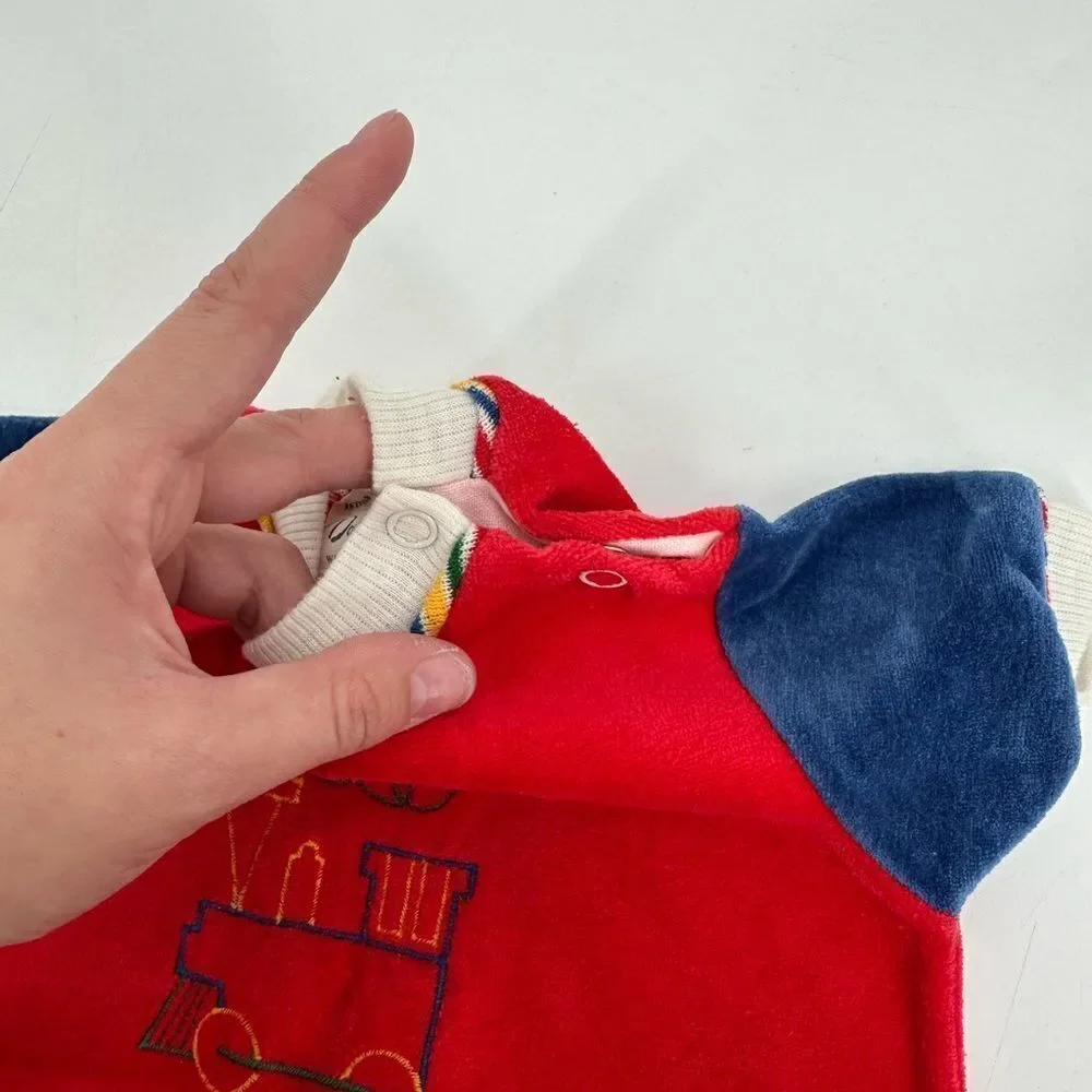 Vintage Doe Spun Red Baby Romper with Train Embroidery